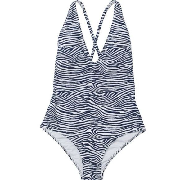 H&M One Piece Swimsuit Dark Blue Zebra Print Cross Back Size 8 - Picture 1 of 6